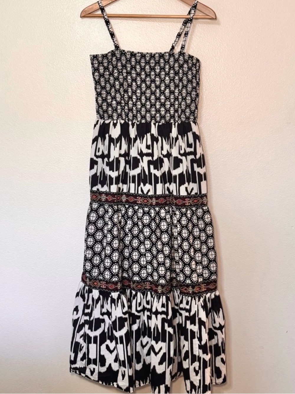 For The Republic Smocked Cotton Maxi Dress M Black White Boho Cottagecore
